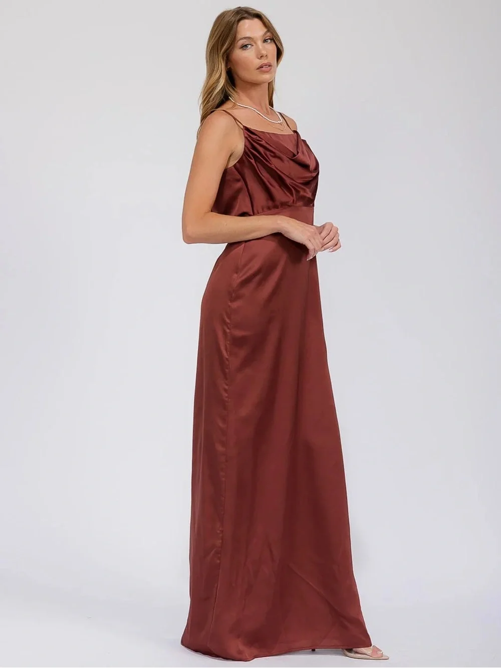R.S.V.P. by Sugarlips | Sleeveless Cowl Neck Side Slit Bridesmaid Dress Rust New